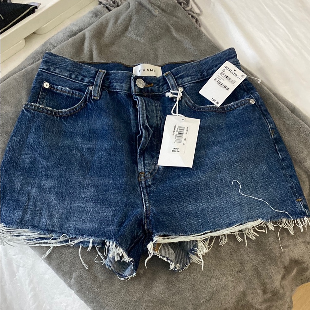 Frame Denim Blue Jean Shorts with Distressed Details